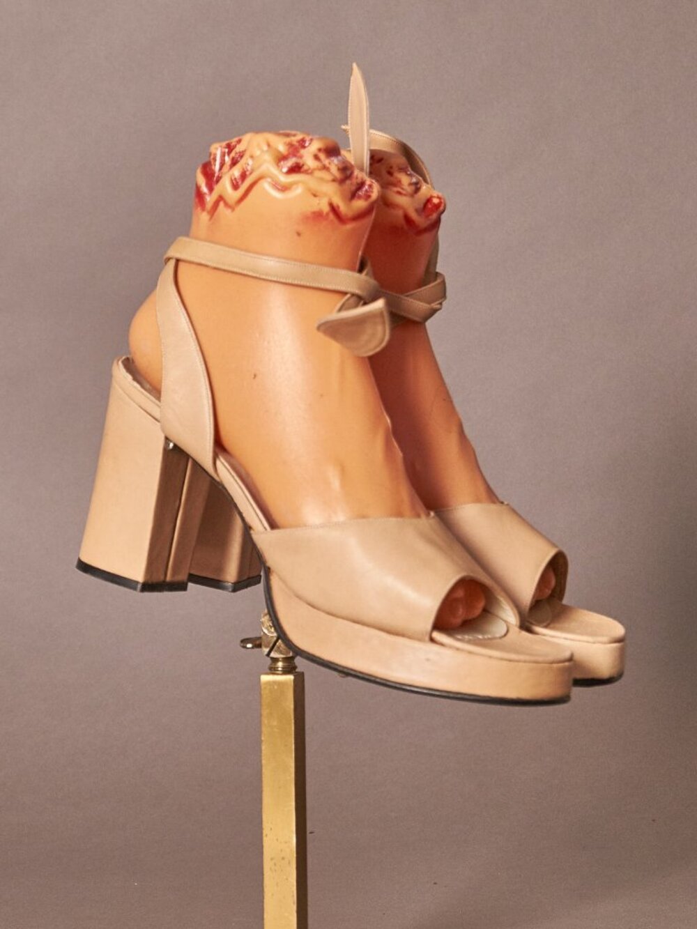 1970s Tan Beige Platforms Ultima Strapy Open Toe Heels